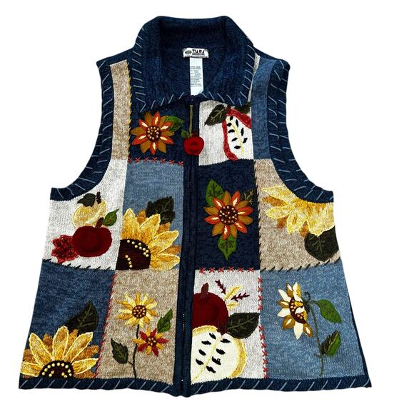 Vintage Fall Harvest Apple autumn Tiara  cardigan Sweater Vest embroidered  XL - Picture 1 of 7
